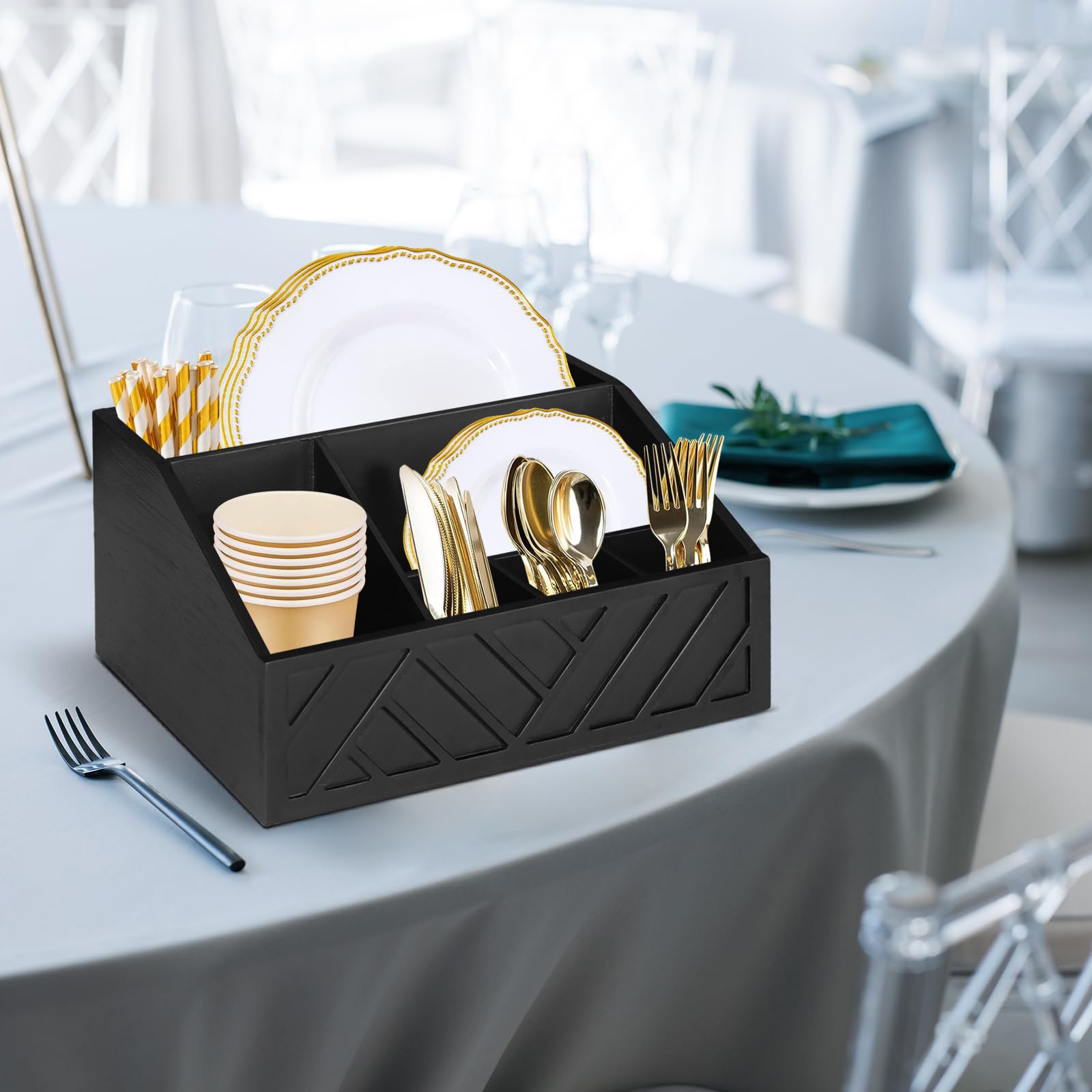 Ukonvi in-use on kitchen counter with plates cups and cutlery ready for serving convenience