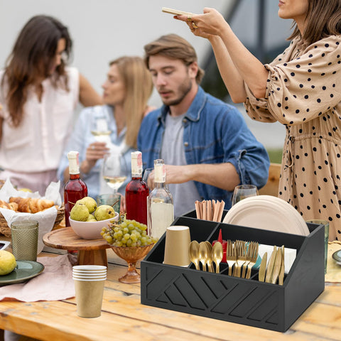 Ukonvi closeup showing six open compartments for plates cups napkins and cutlery access