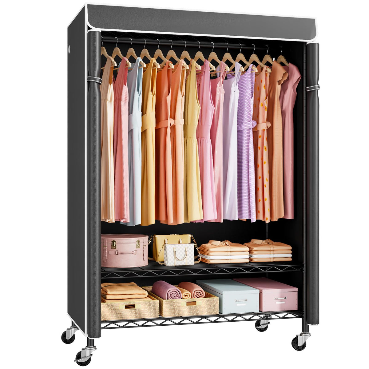 ULIFHOME front view of covered clothes rack showing organized storage benefit