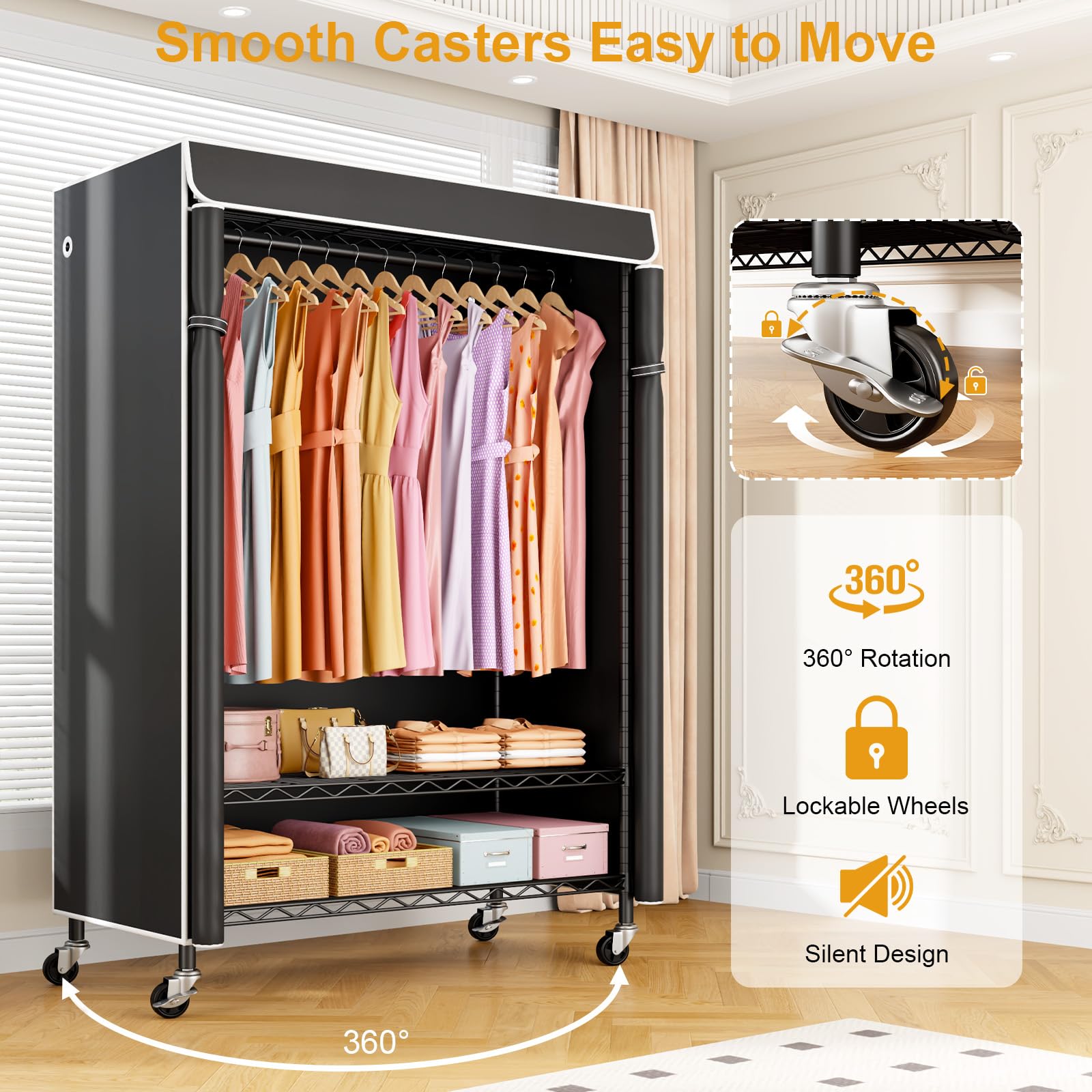 ULIFHOME rolling closet placed in bedroom demonstrating space-saving organization