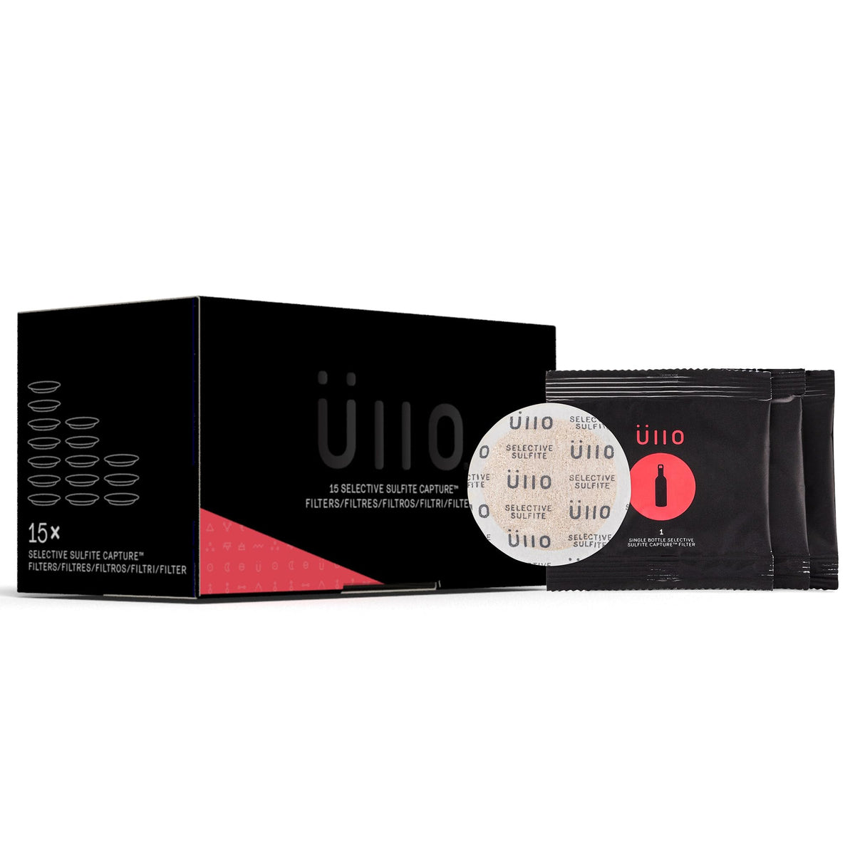 Üllo filter front packaging showing 15-pack and clear label benefit