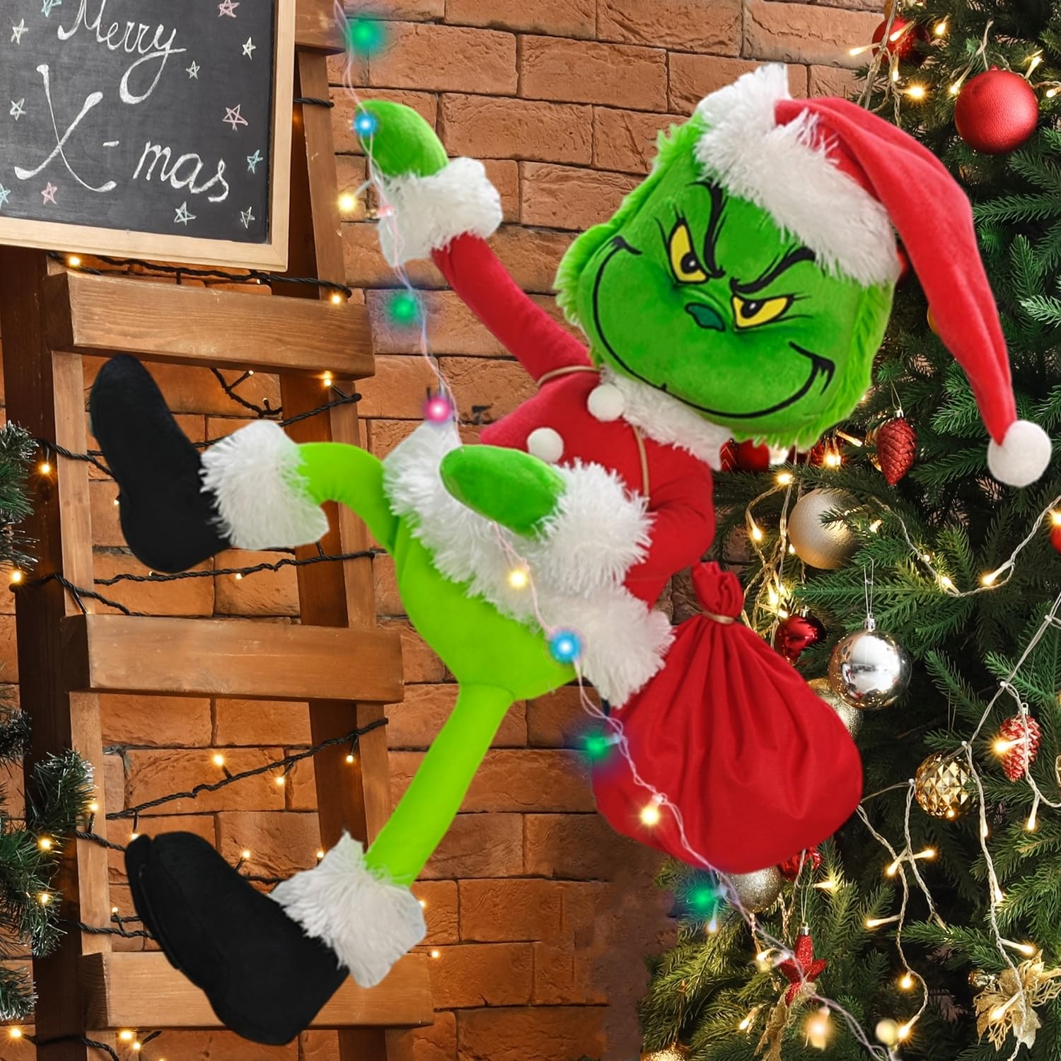 ULTHOOL front view of Green Santa showing plush design and lights for festive visibility