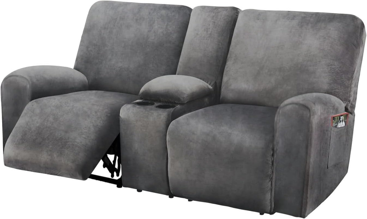 ULTICOR front view of dark grey loveseat slipcover showing refreshed look and protection