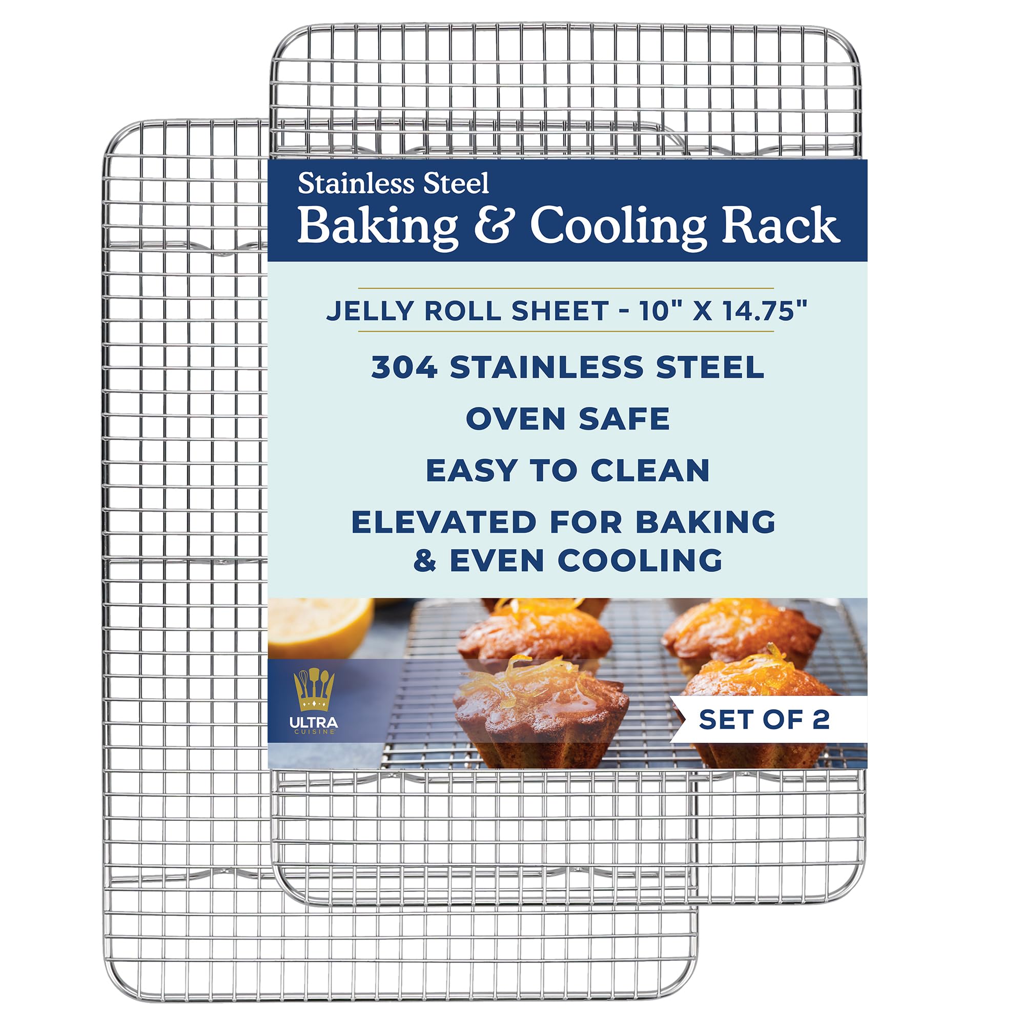 Ultra Cuisine front view of two stainless steel racks showing full dimensions and fit