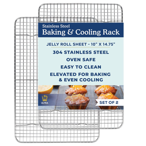 Ultra Cuisine front view of two stainless steel racks showing full dimensions and fit