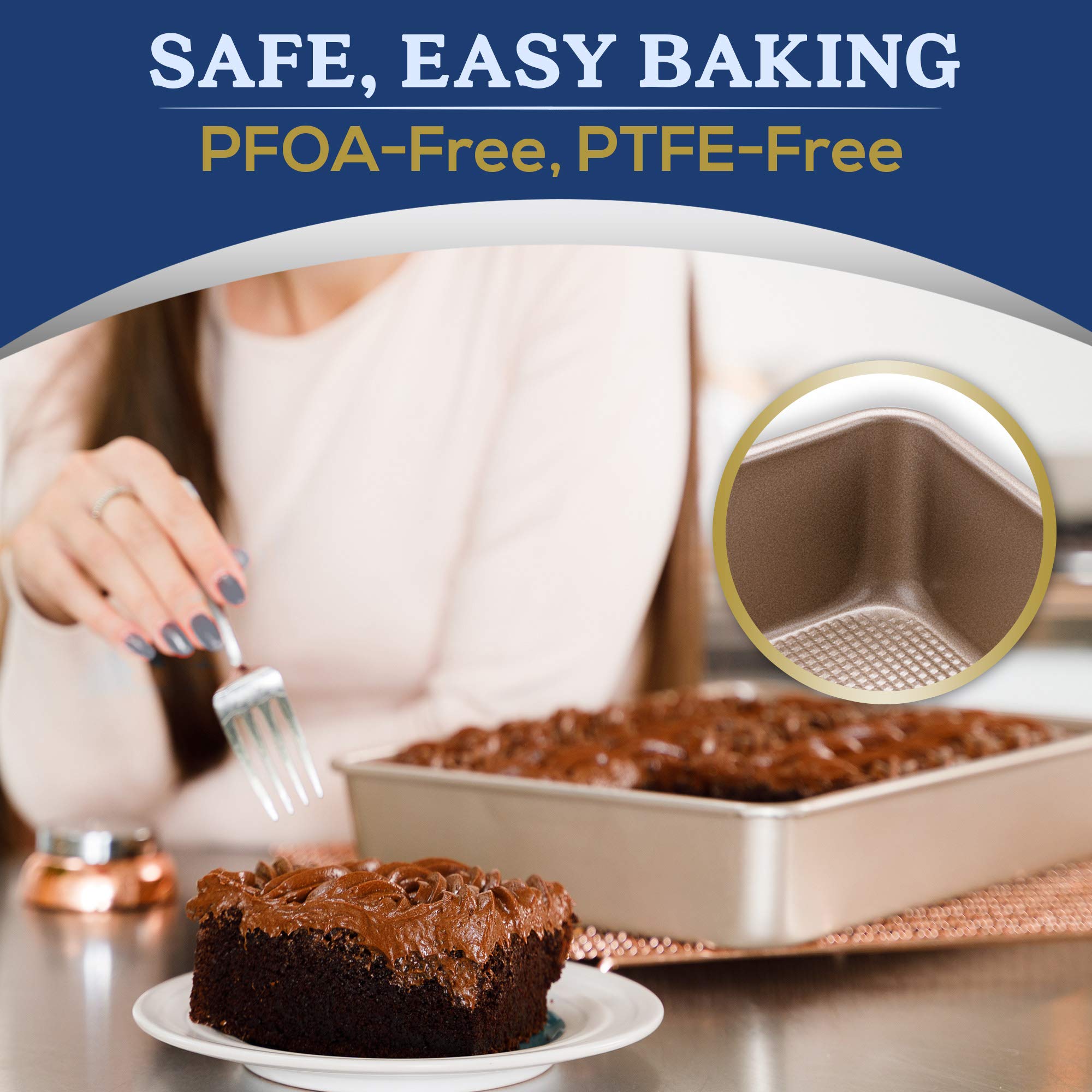 Ultra Cuisine pan inside oven with cake baking, demonstrating even heat distribution benefit