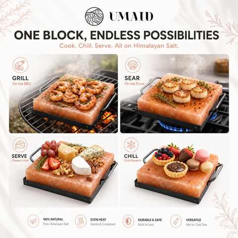 UMAID salt block texture close-up revealing natural grain and consistent seasoning