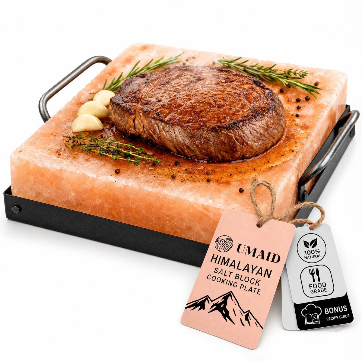 UMAID salt block front view showing full pink slab and clean edges for cooking