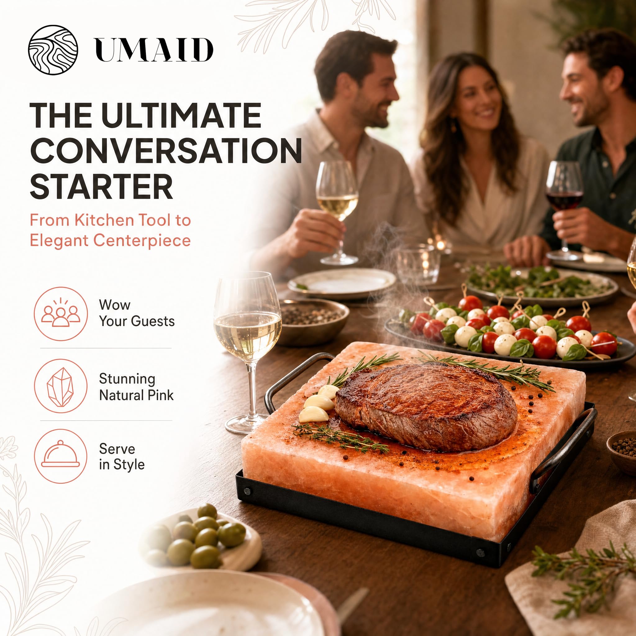 UMAID salt block on gas stovetop heating evenly for grilled meats and veggies