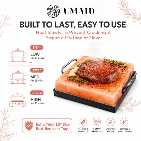 UMAID salt block size comparison next to chef knife illustrating 8x8 scale