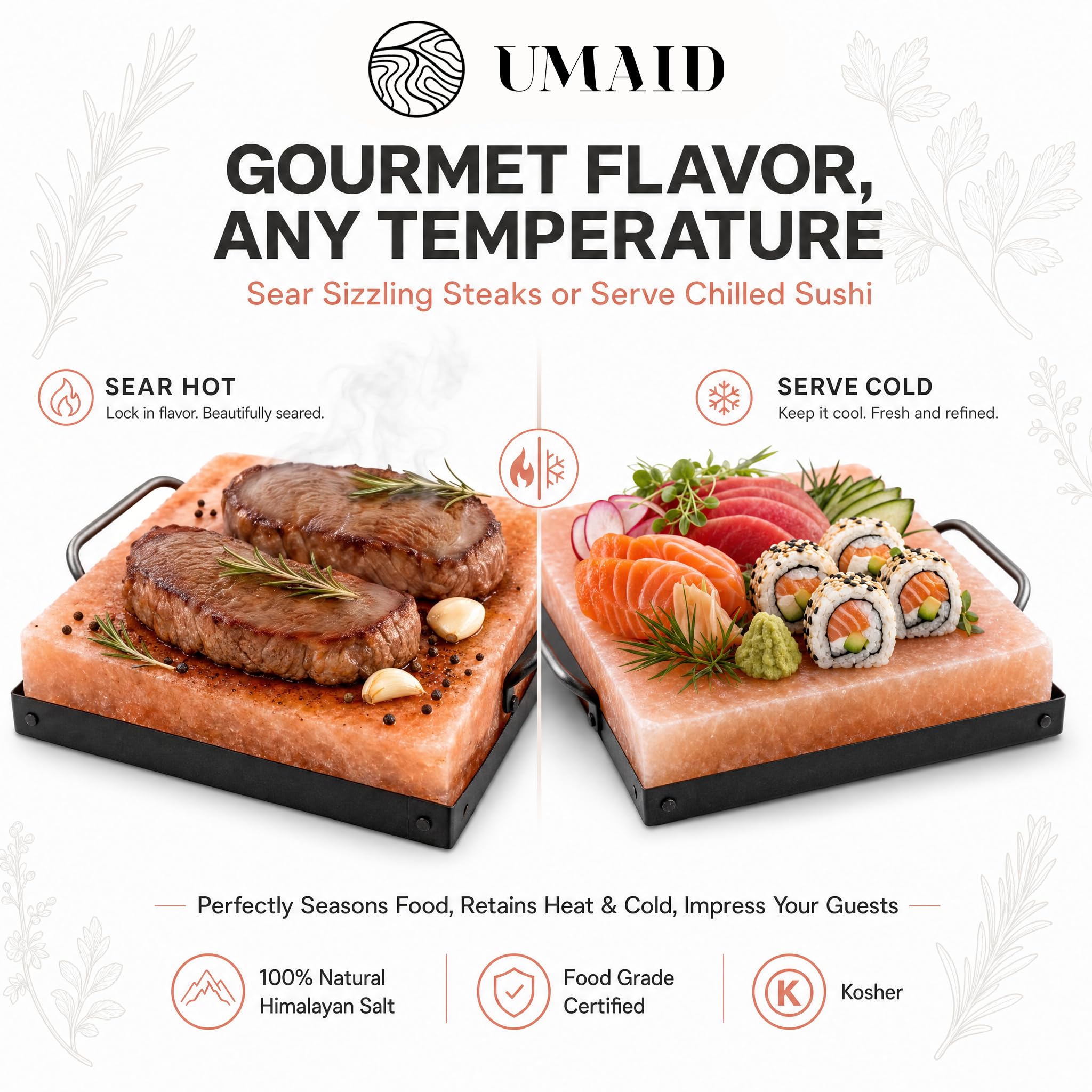 UMAID salt block with steel tray close-up showing safe handling and presentation