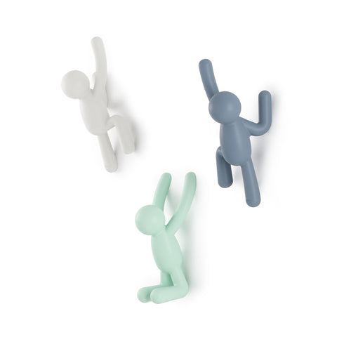 Umbra Buddy front view showing three colored hooks and organizational benefit