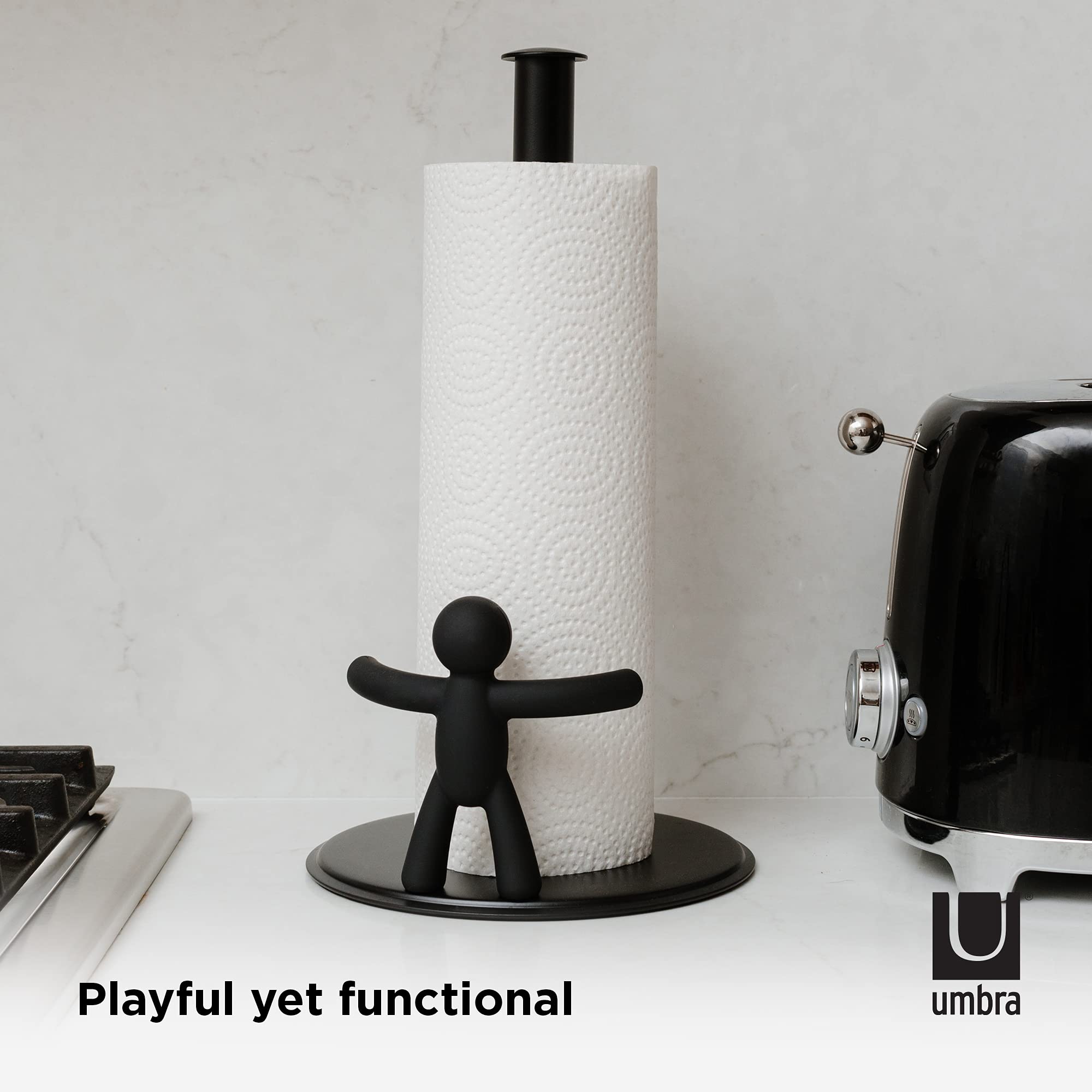 Umbra Buddy with paper towel roll showing size and scale for proper roll fit benefit