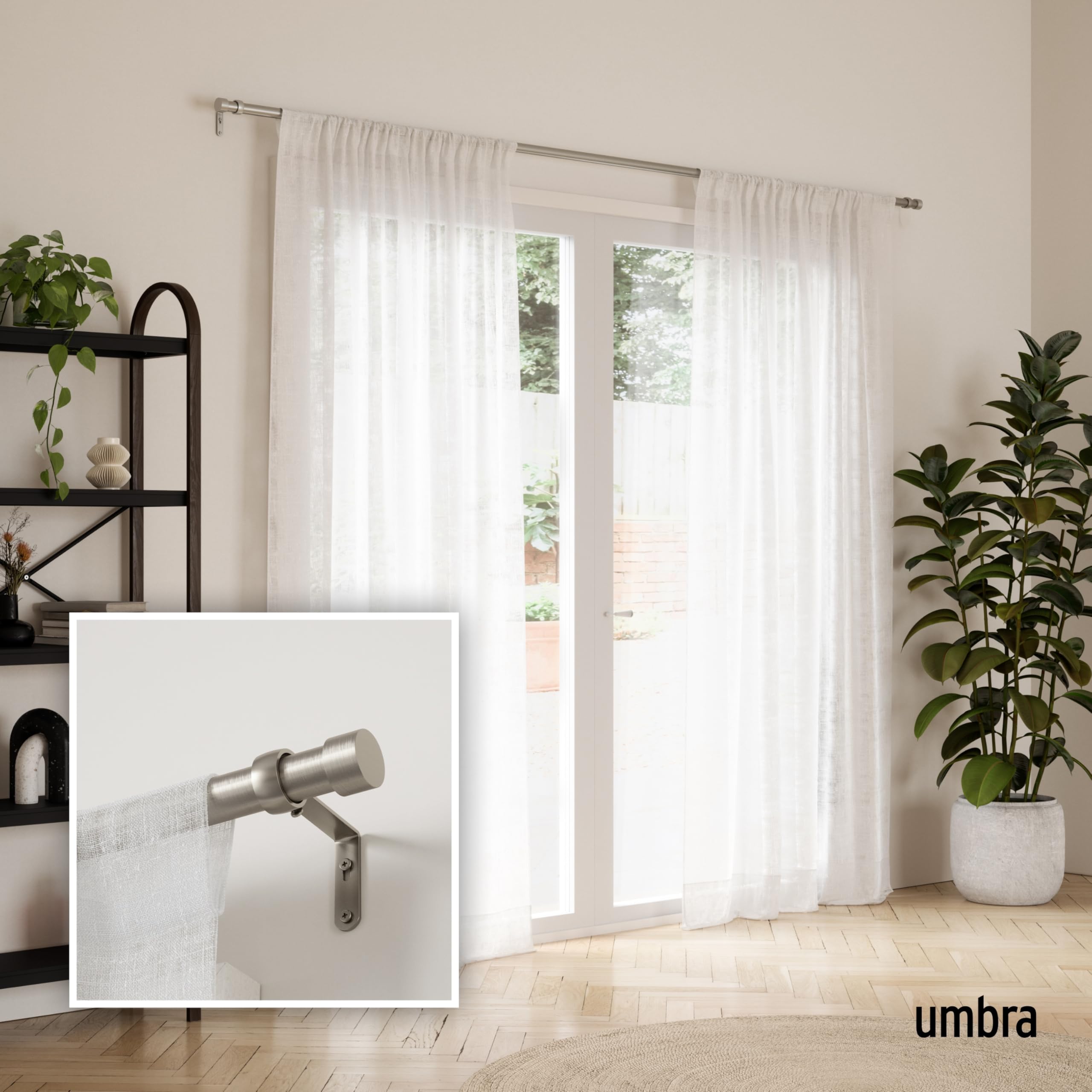 Umbra Cappa center support bracket detail, stabilizes rod for heavier curtains