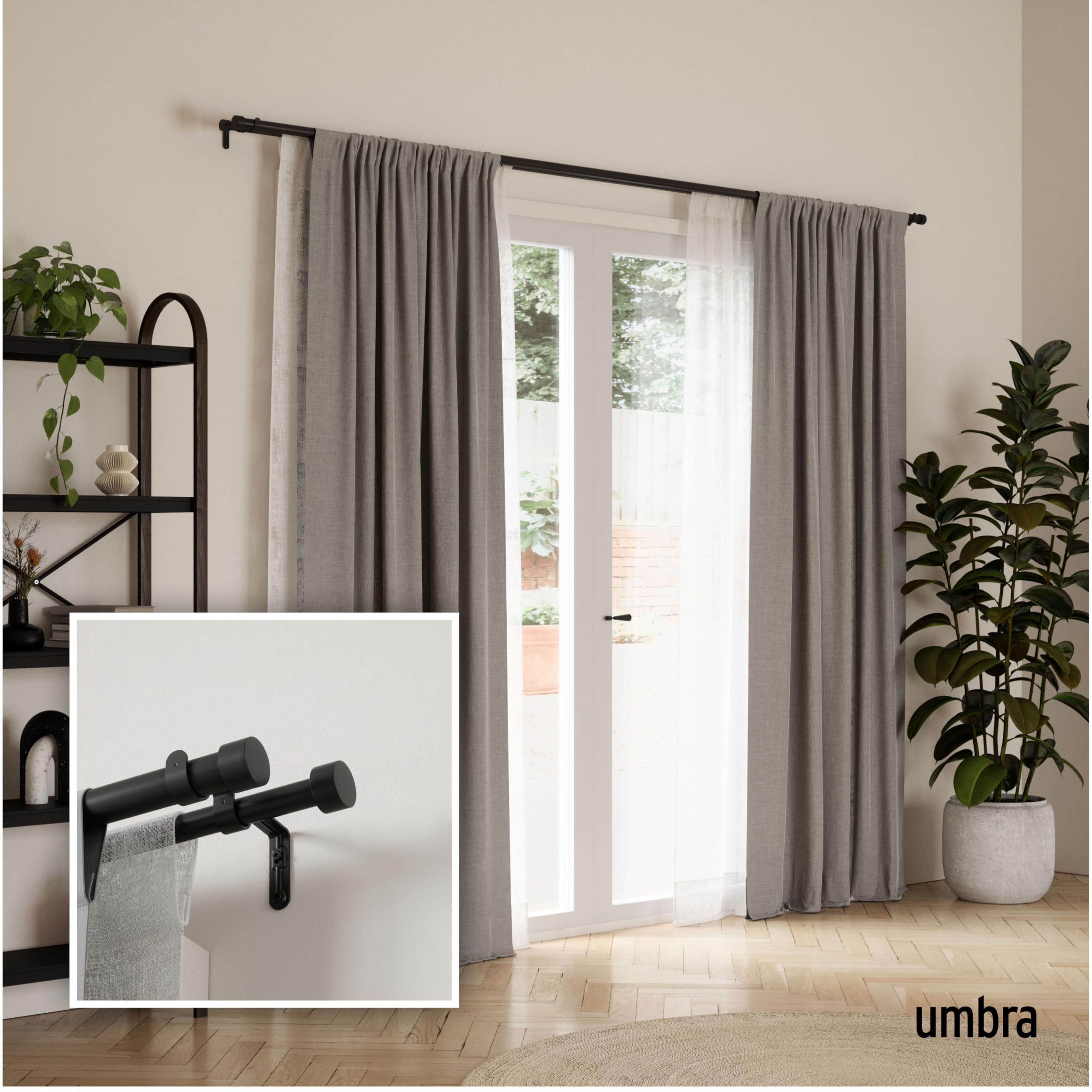 Umbra Cappa close-up of finial and matte black finish highlighting refined detail and durability