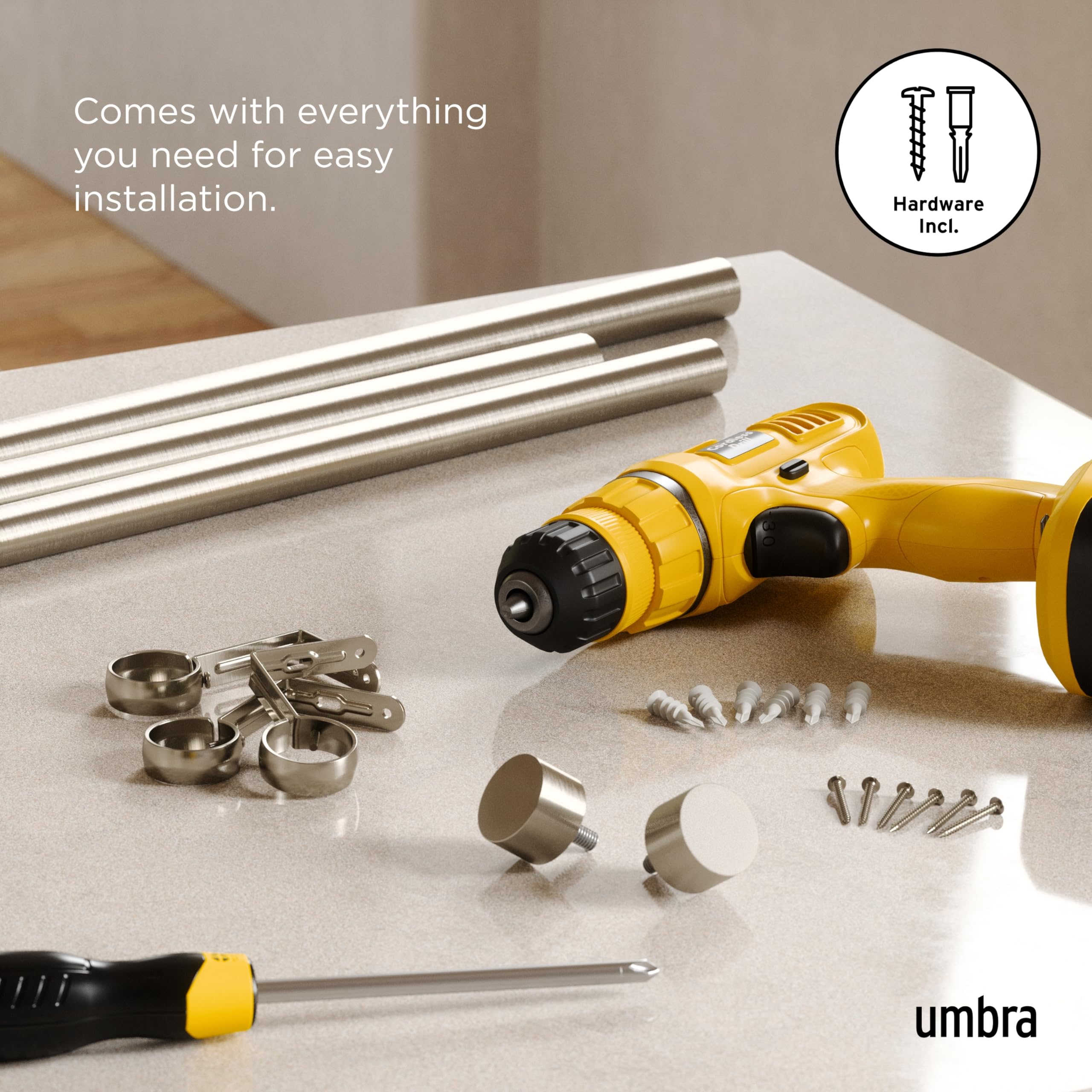 Umbra Cappa unboxed contents with screws and anchors, ready for installation
