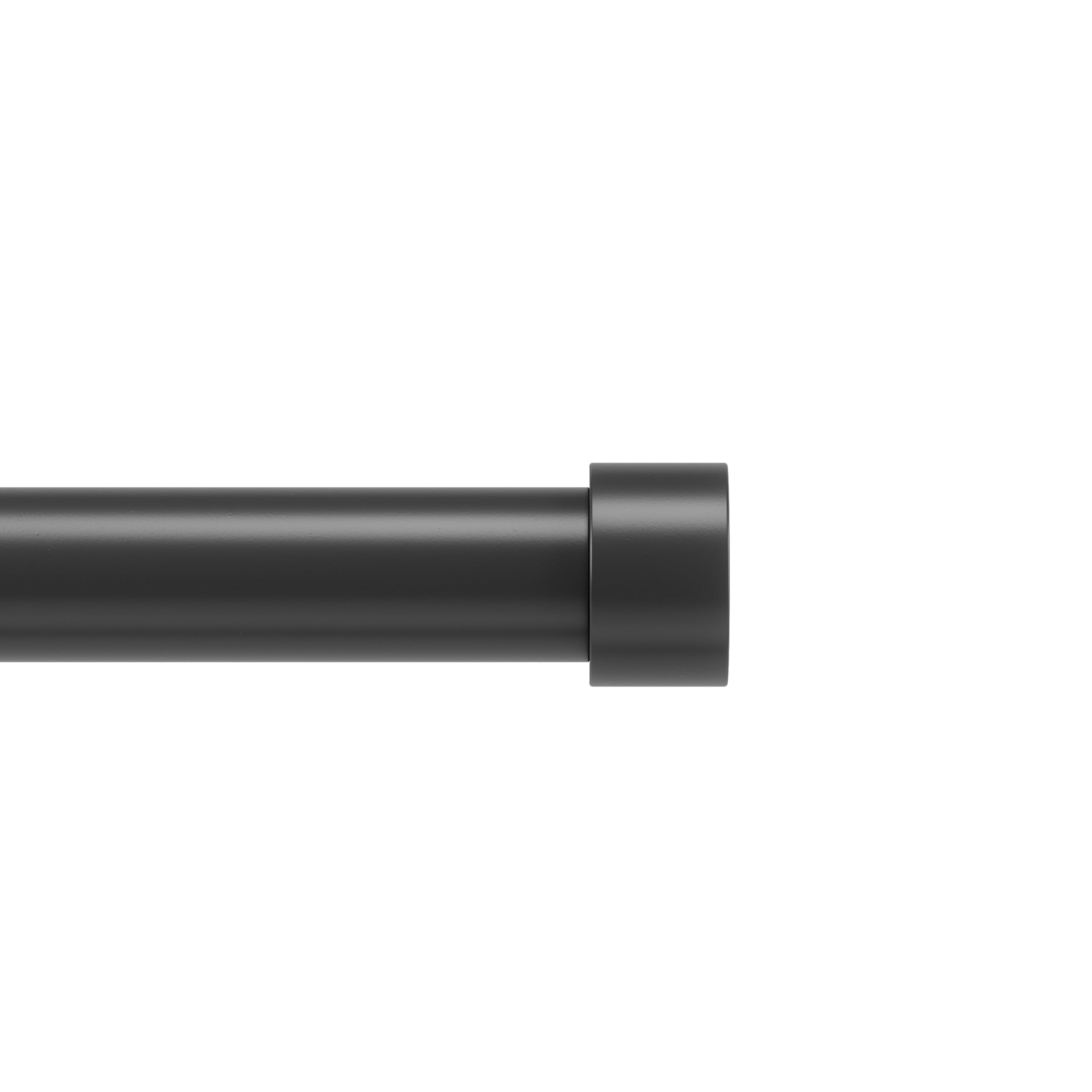Umbra Cappa front view showing matte-black rod and simple finials supporting curtains