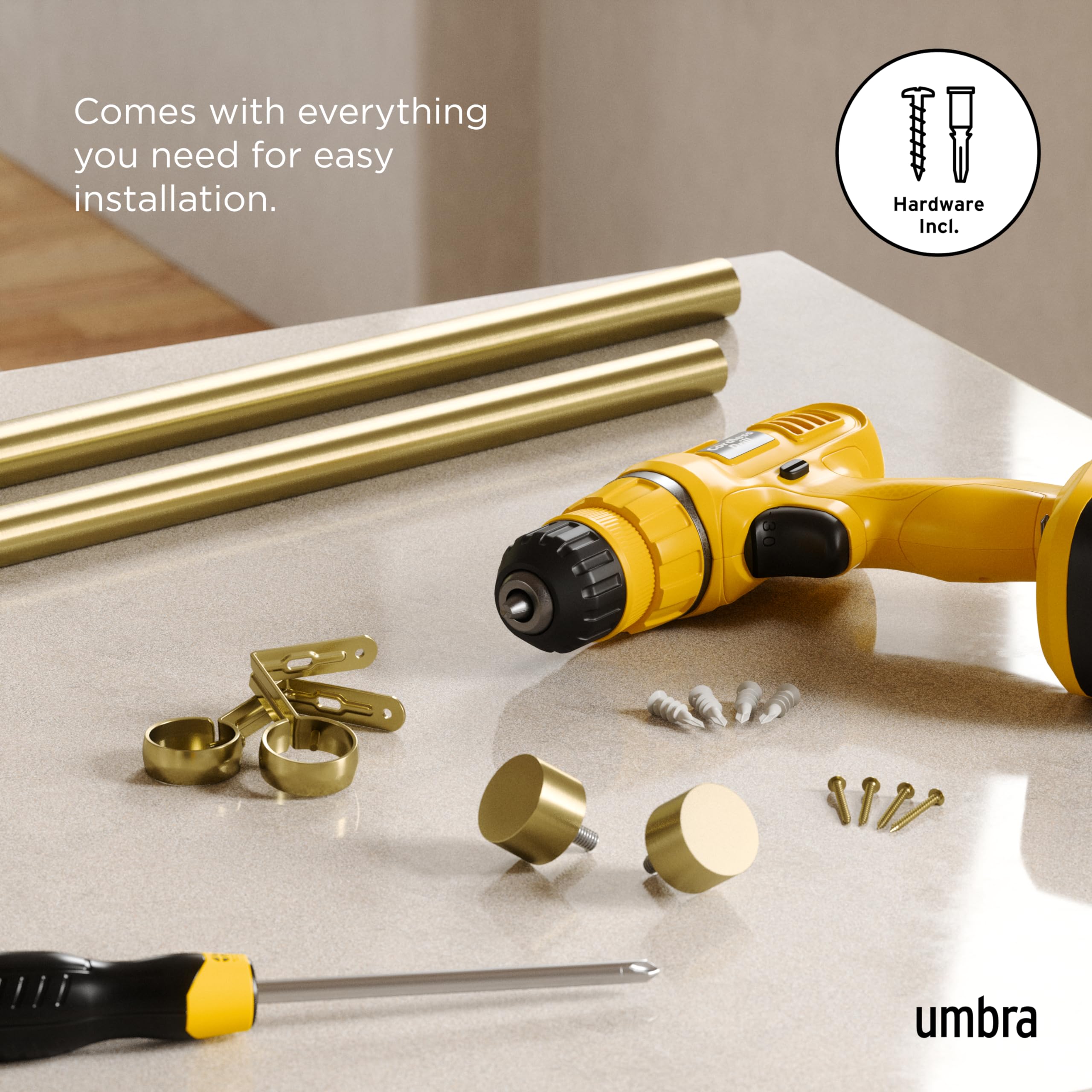 Umbra Cappa mounted with blackout drapes showing strong support and clean look