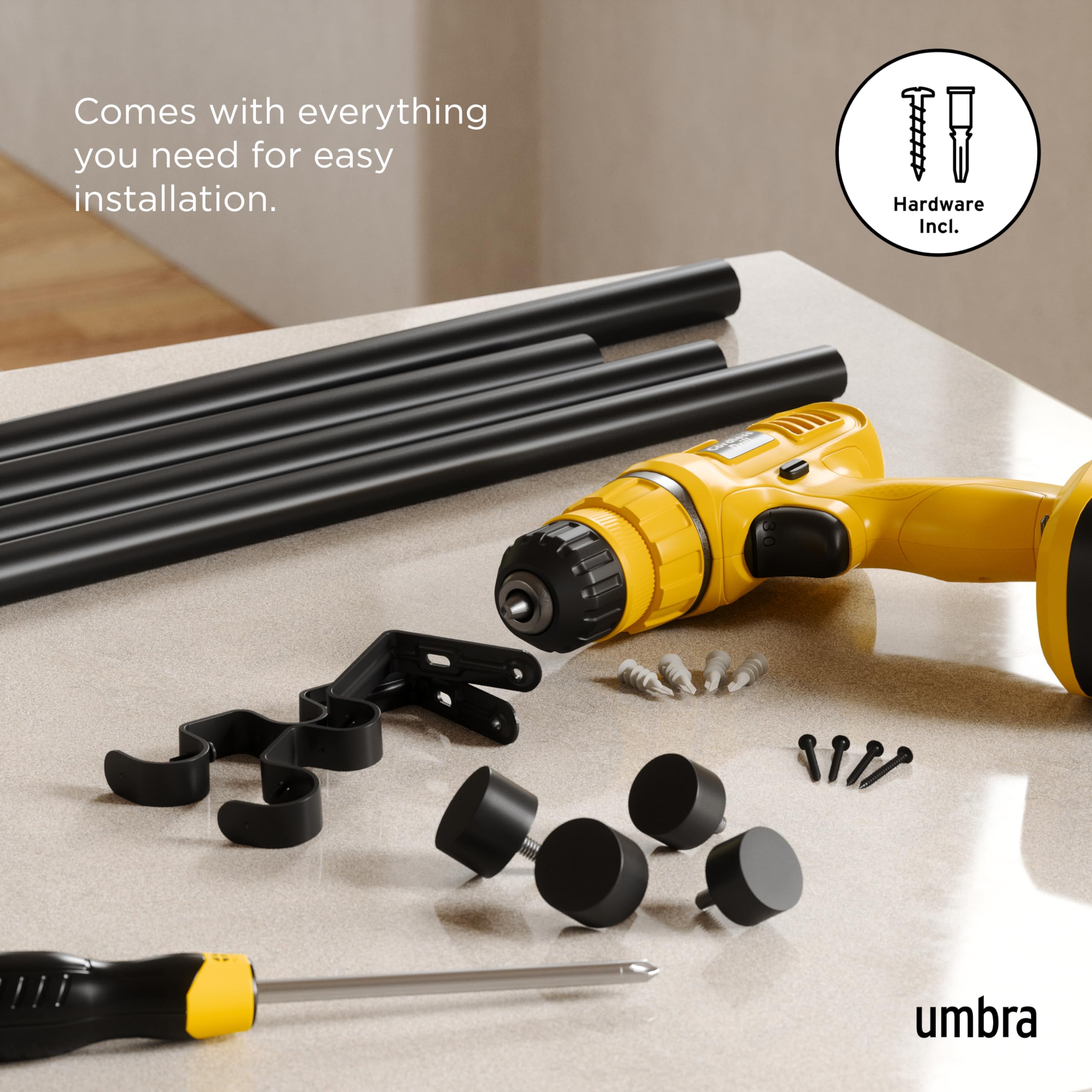 Umbra Cappa next to ruler showing expandable 36 to 66 inch range for accurate sizing