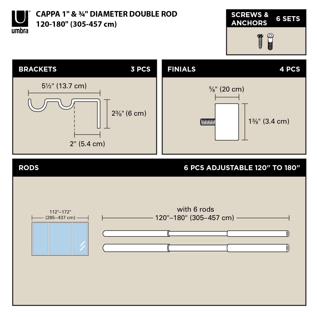 Umbra Cappa next to tape measure showing adjustable 120 to 180 inch expansion benefit