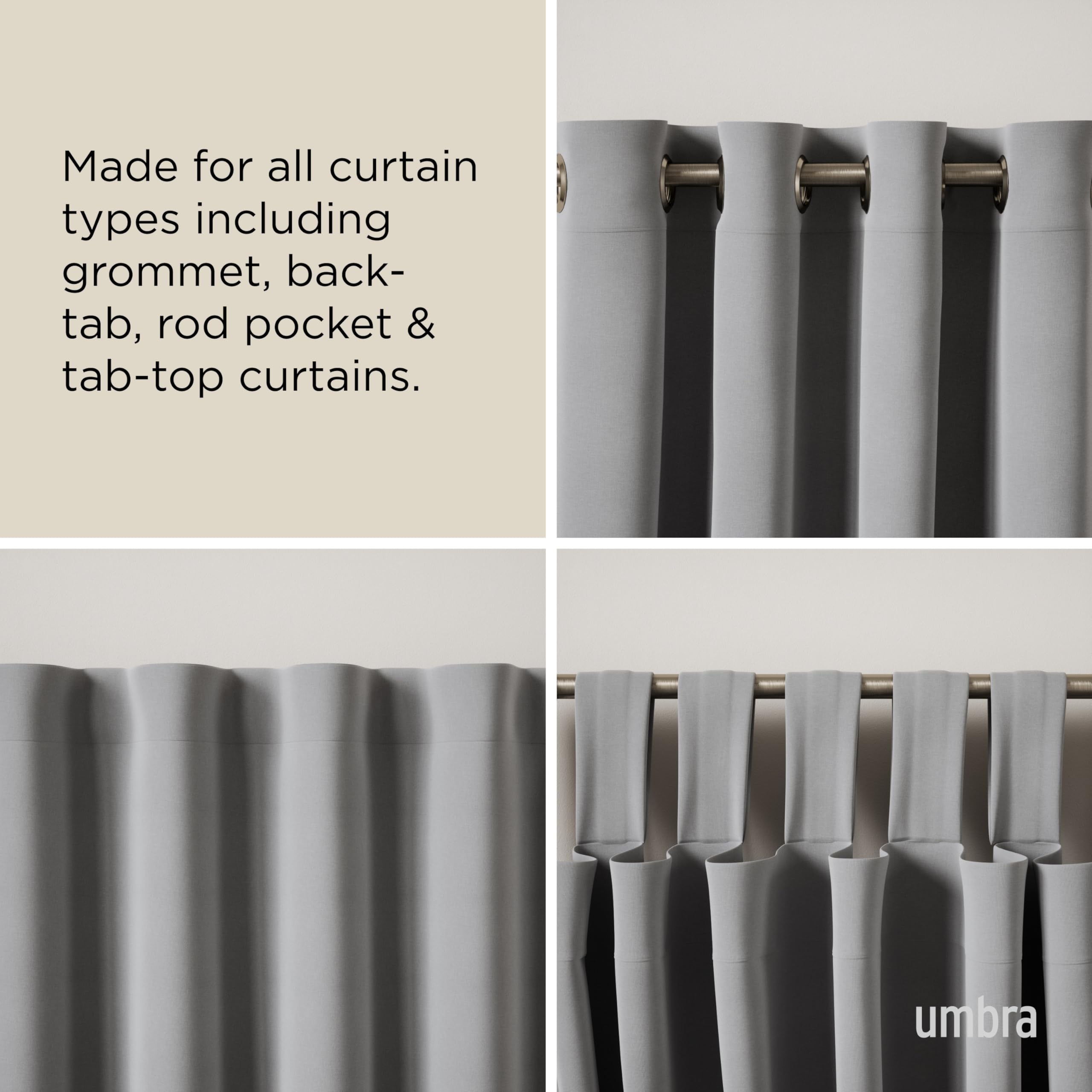 Umbra Cappa beside tape measure, shows size range 66 to 120 inches clearly