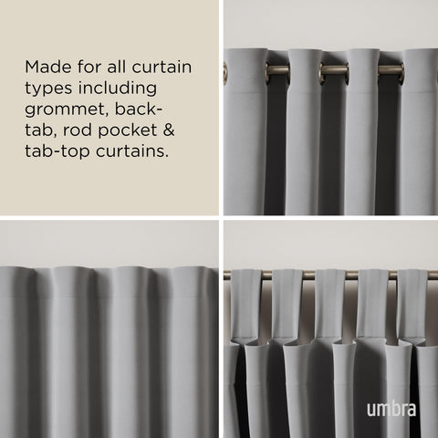 Umbra Cappa beside tape measure, shows size range 66 to 120 inches clearly