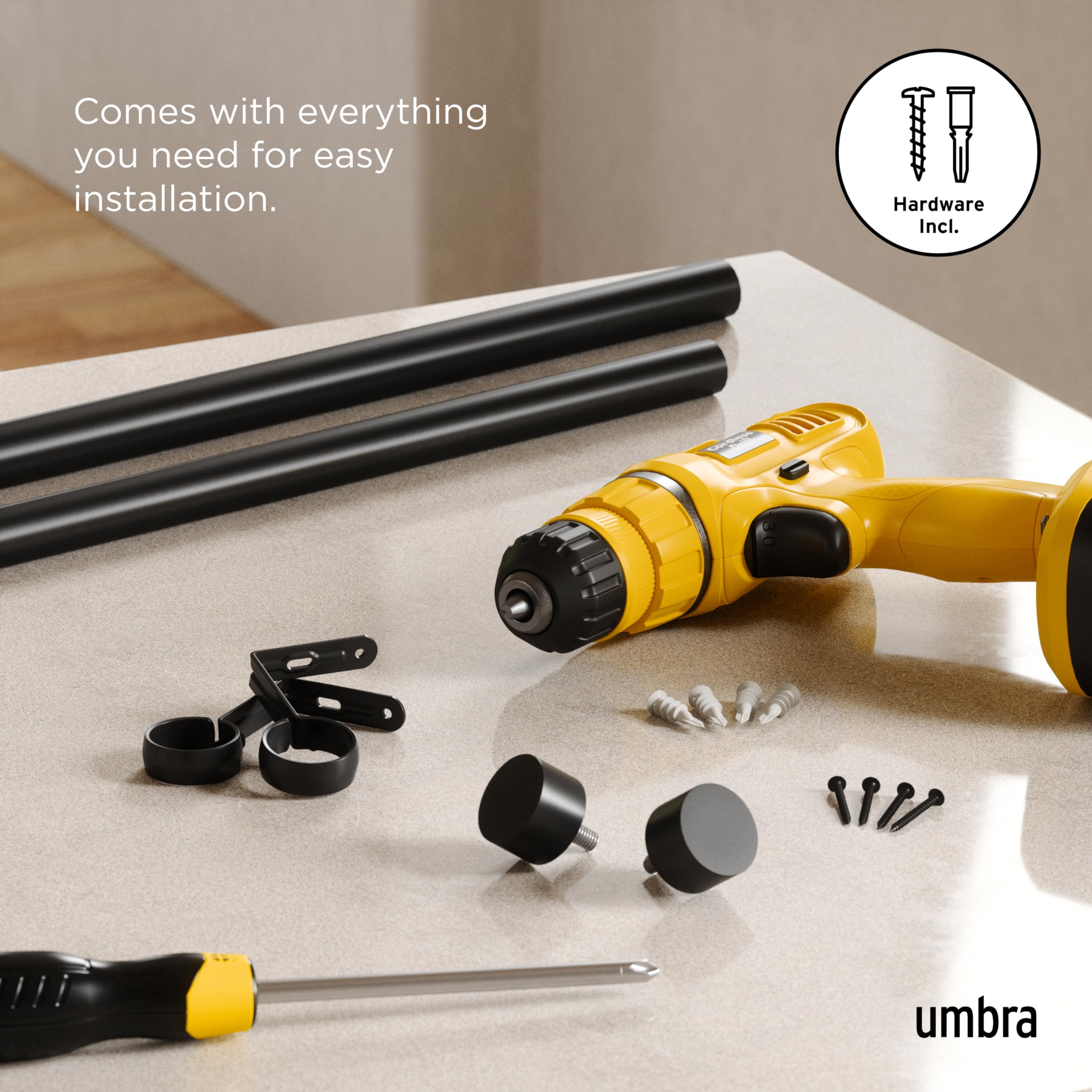 Umbra Cappa beside measuring tape showing adjustable 120–180 inch span