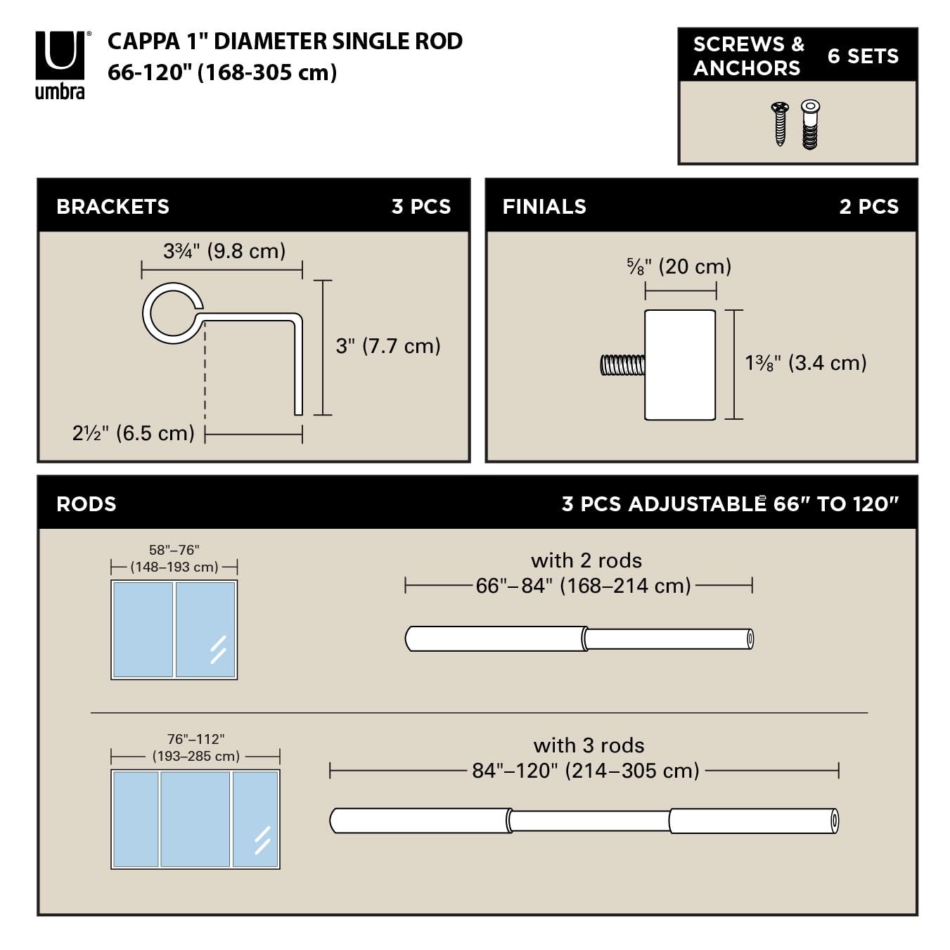 Umbra Cappa telescoping rod extended to show adjustable length and versatility
