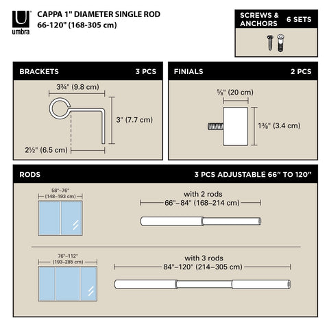 Umbra Cappa telescoping rod extended to show adjustable length and versatility