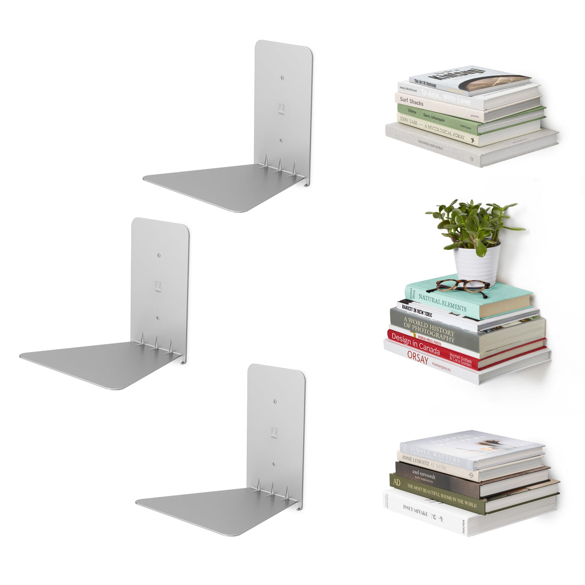 Umbra front view of three silver Conceal shelves showing minimalist benefit