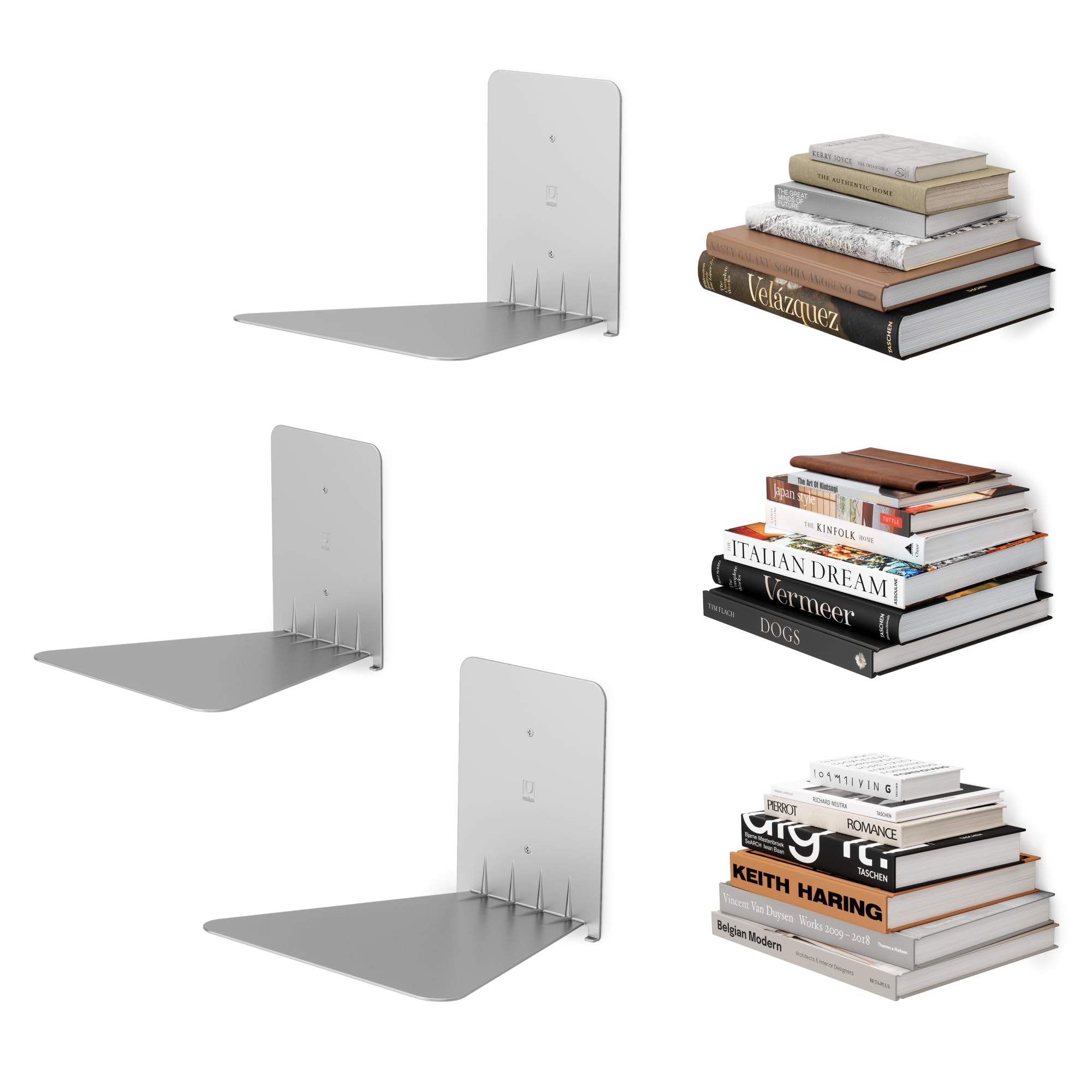 Umbra front view set showing three silver floating shelves and neat display benefit