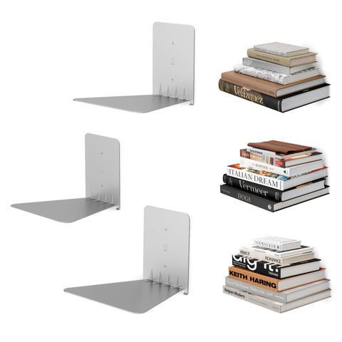 Umbra front view set showing three silver floating shelves and neat display benefit