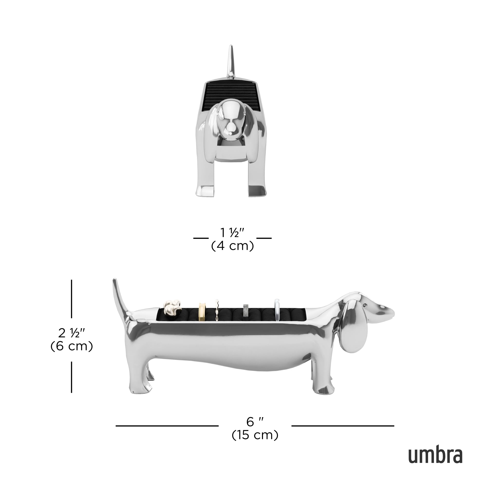 Umbra Dachsie holding stacked rings on back and velvet base protecting jewelry