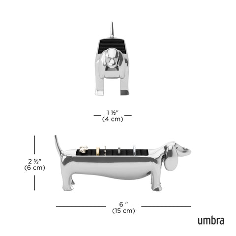 Umbra Dachsie holding stacked rings on back and velvet base protecting jewelry