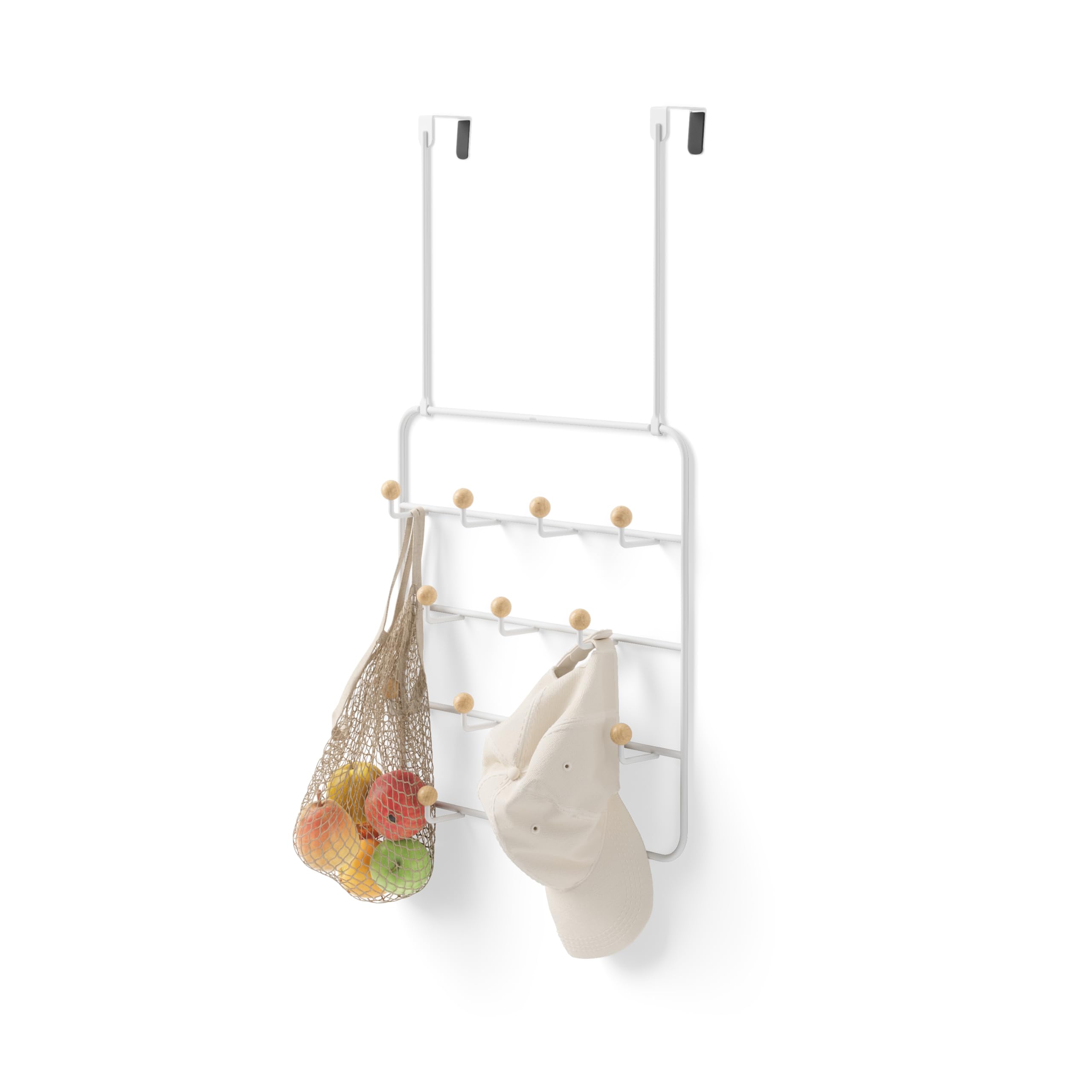 umbra Estique front view showing fourteen hooks and neat storage benefit