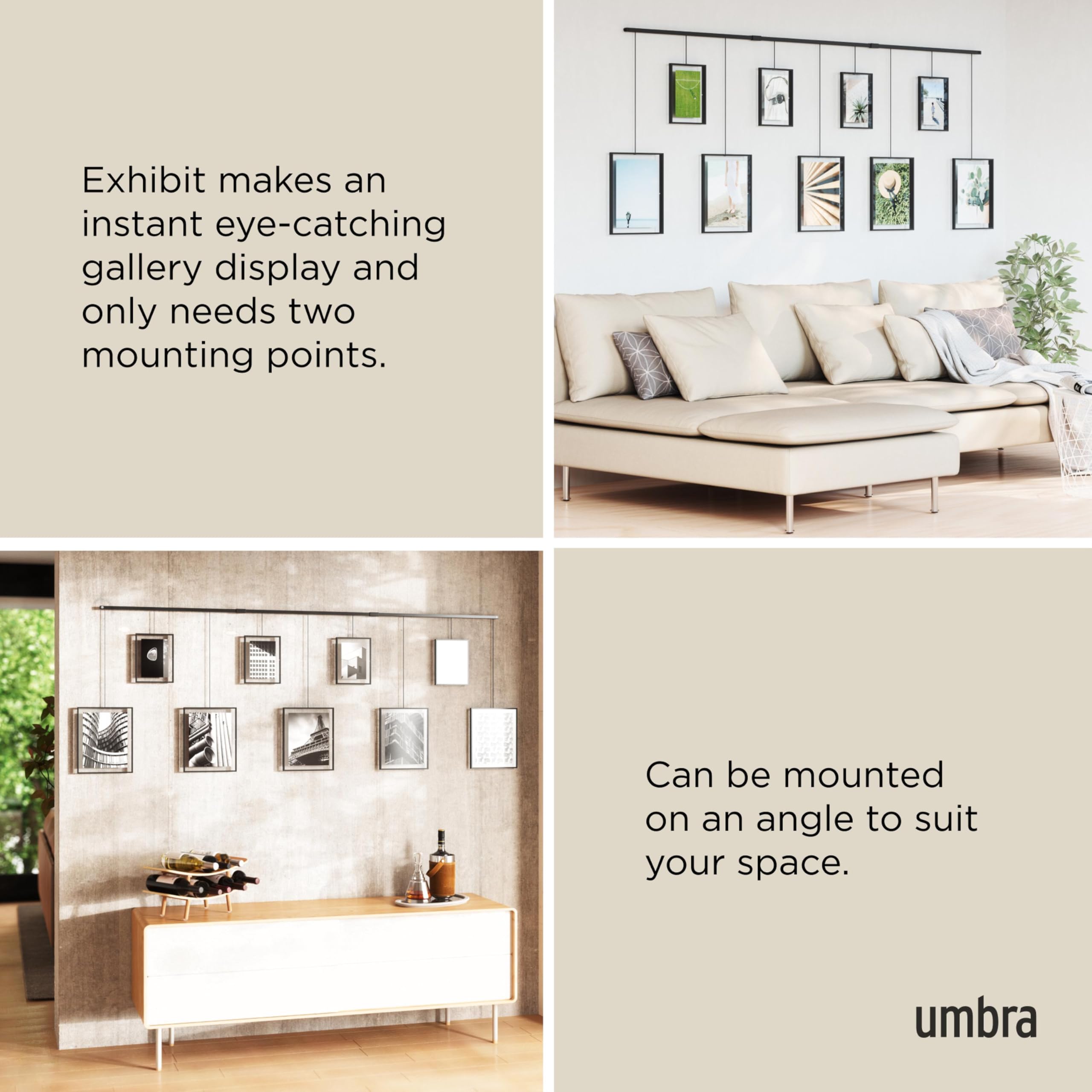 Umbra Exhibit installed on stairway wall demonstrating angled mounting flexibility