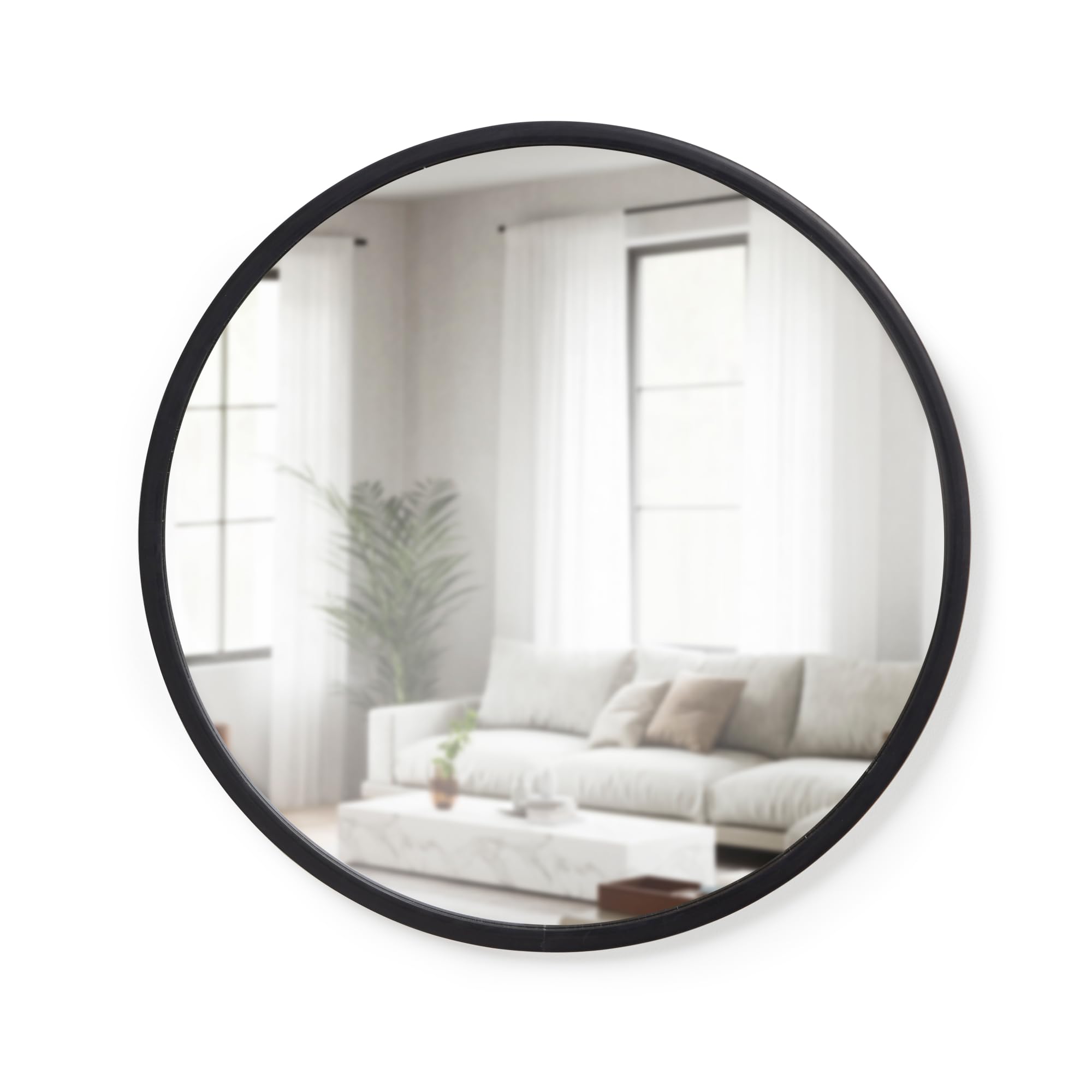 Umbra Hub front view showing round mirror and black rubber frame for modern durability