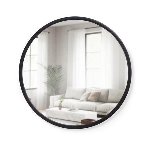 Umbra Hub front view showing round mirror and black rubber frame for modern durability