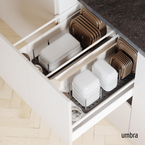 Umbra Peggy extended base demonstrating adjustable fit for varied drawers