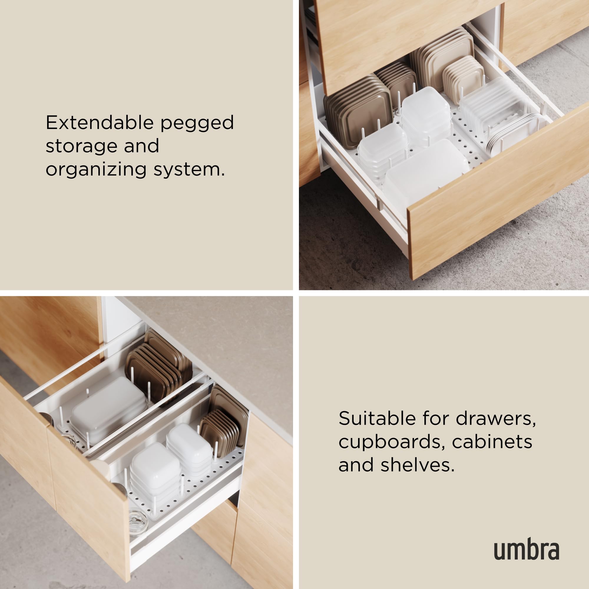 Umbra Peggy installed in a kitchen drawer organizing lids and containers neatly