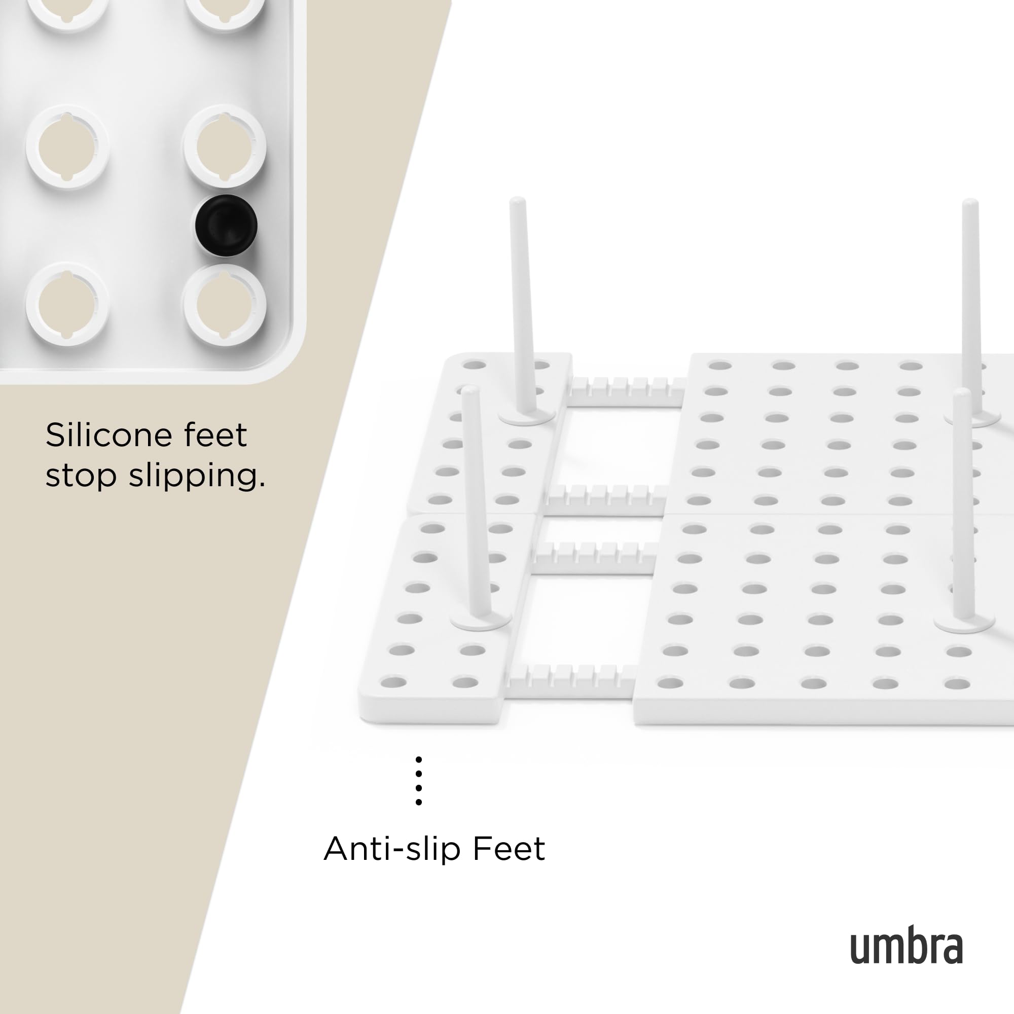 Umbra Peggy beside a ruler for scale showing adjustable extension benefit
