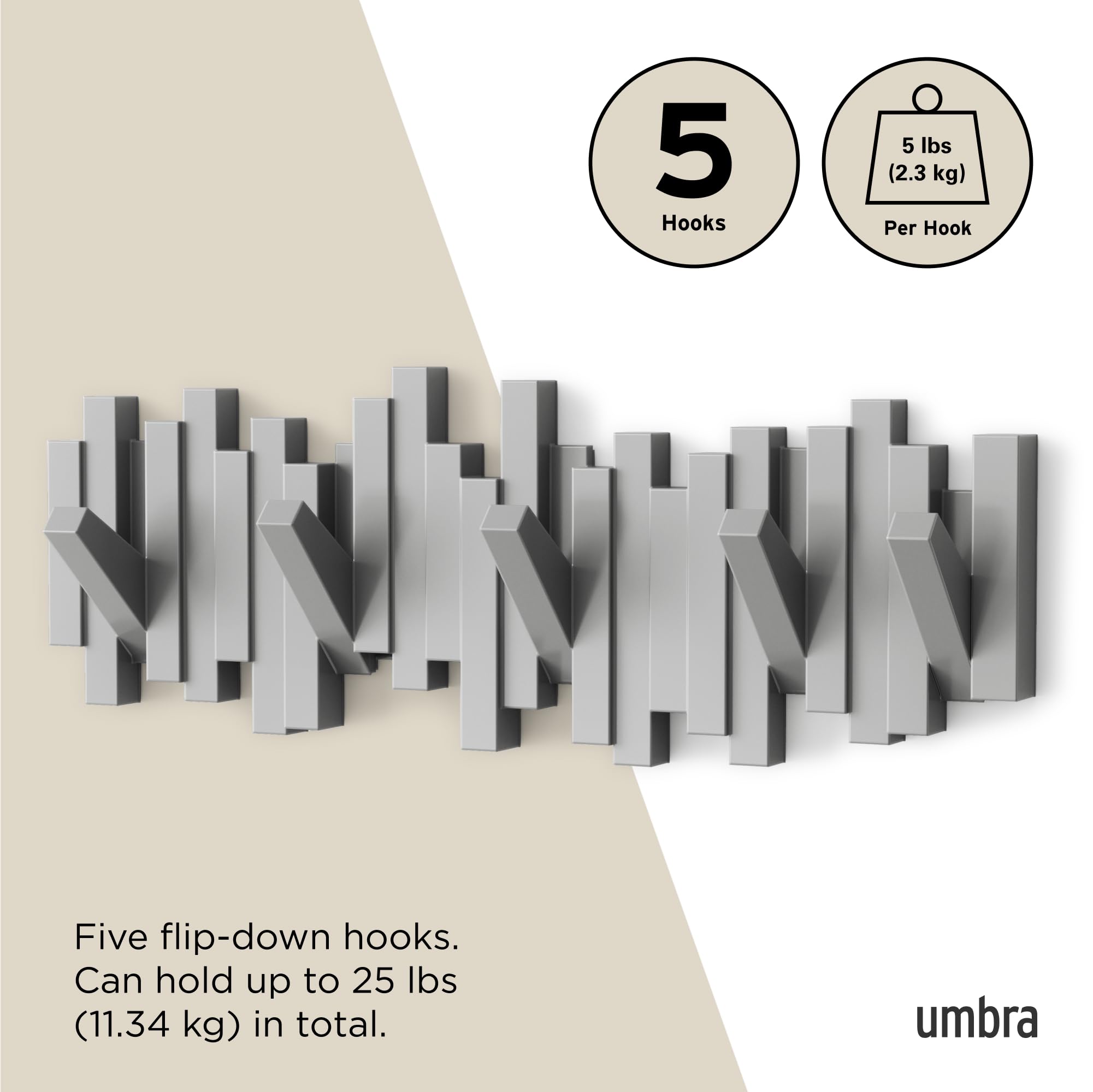 Umbra Sticks with hooks folded flush demonstrating neat appearance and clutter-free walls