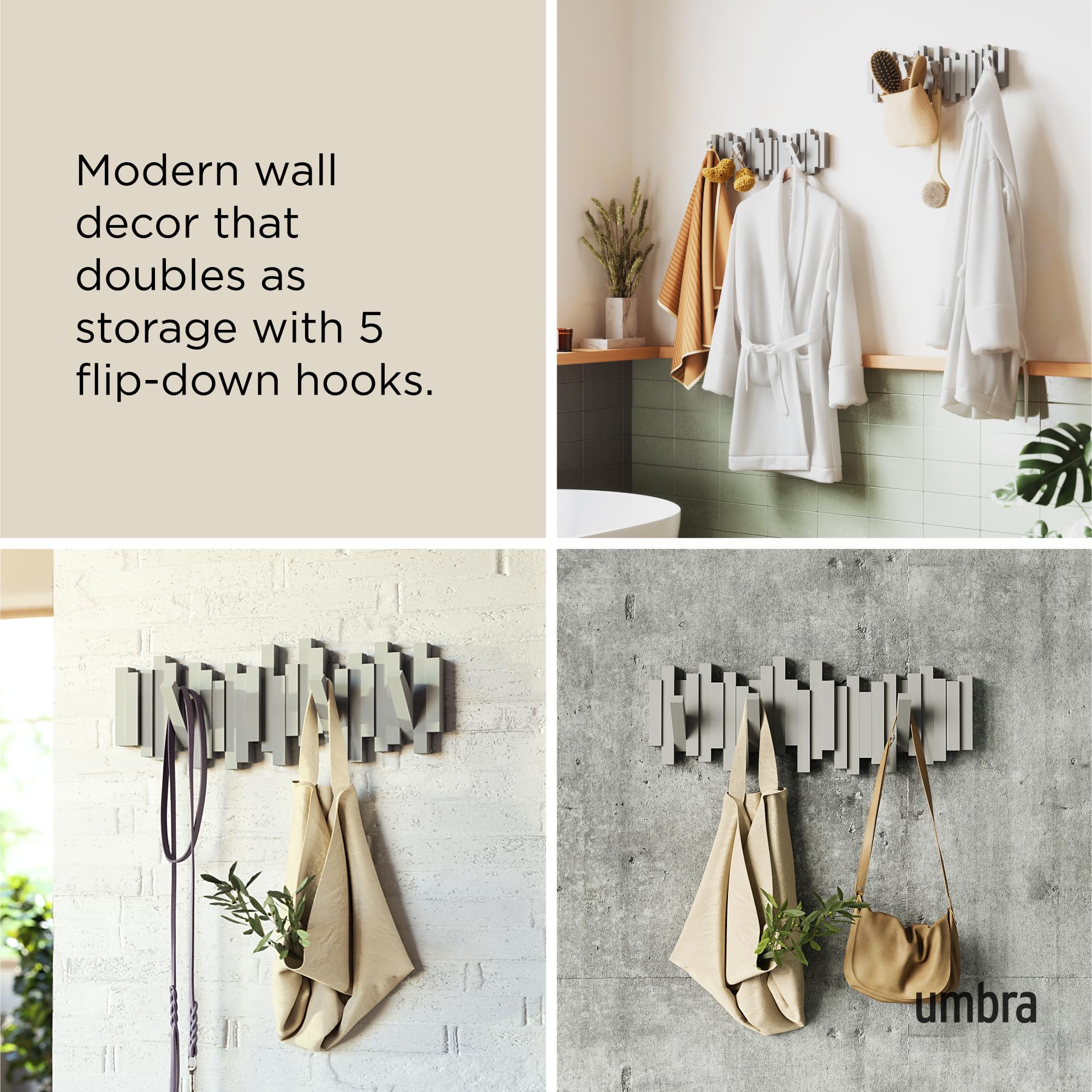 Umbra Sticks mounted in entryway storing jackets and bags for organized arrival area