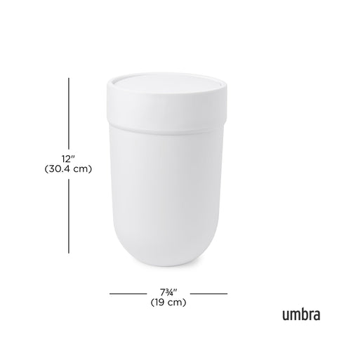 Detail of Umbra Touch swing-top lid showing smooth movement benefit hides trash