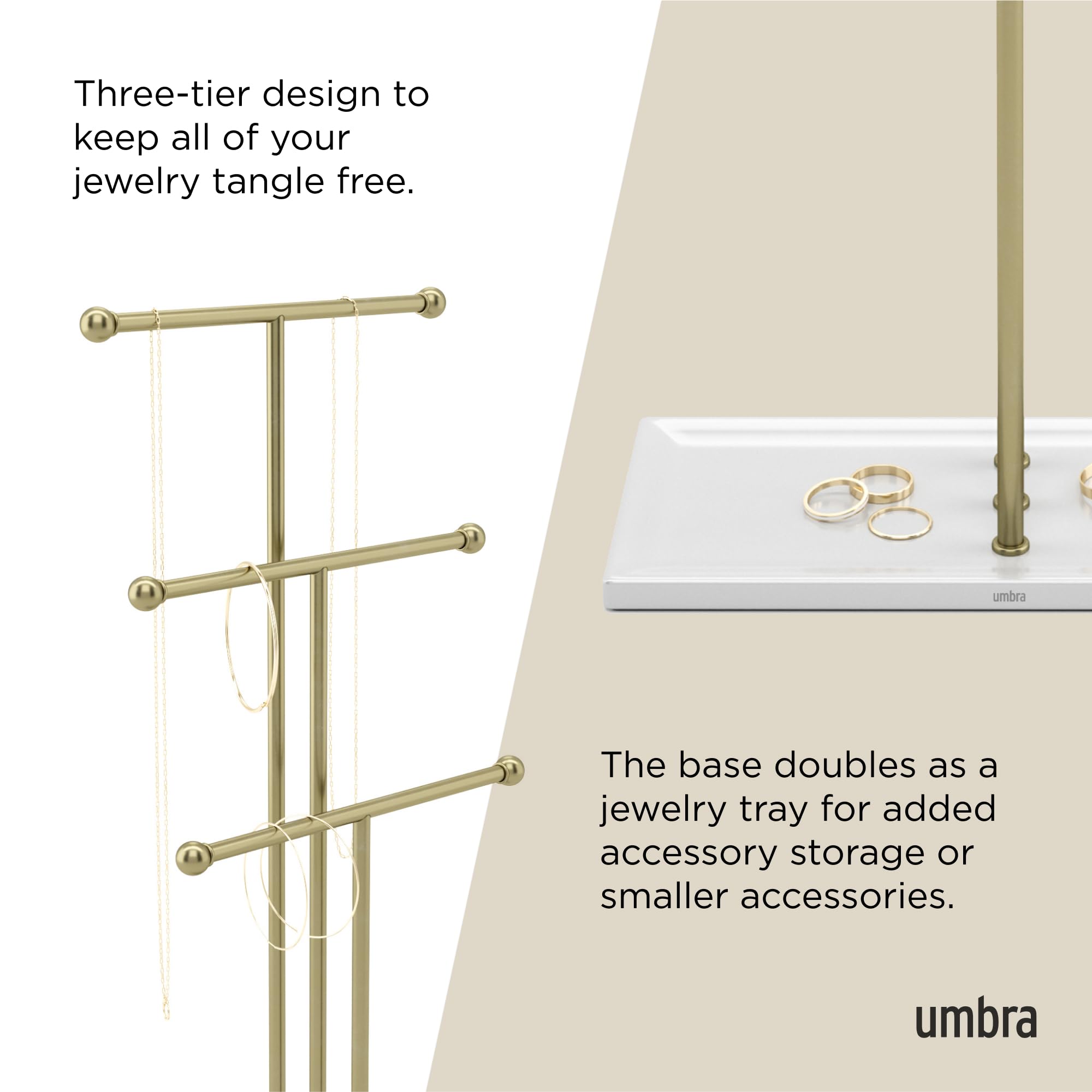 Umbra Trigem in use on vanity holding necklaces and rings for quick access