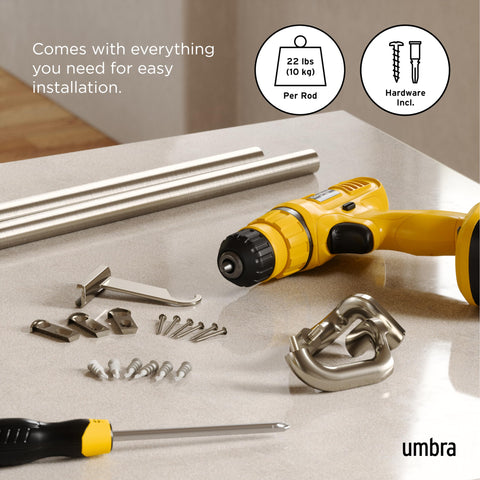 Umbra Twilight scale measurement with tape showing adjustable 30 to 84 inch range
