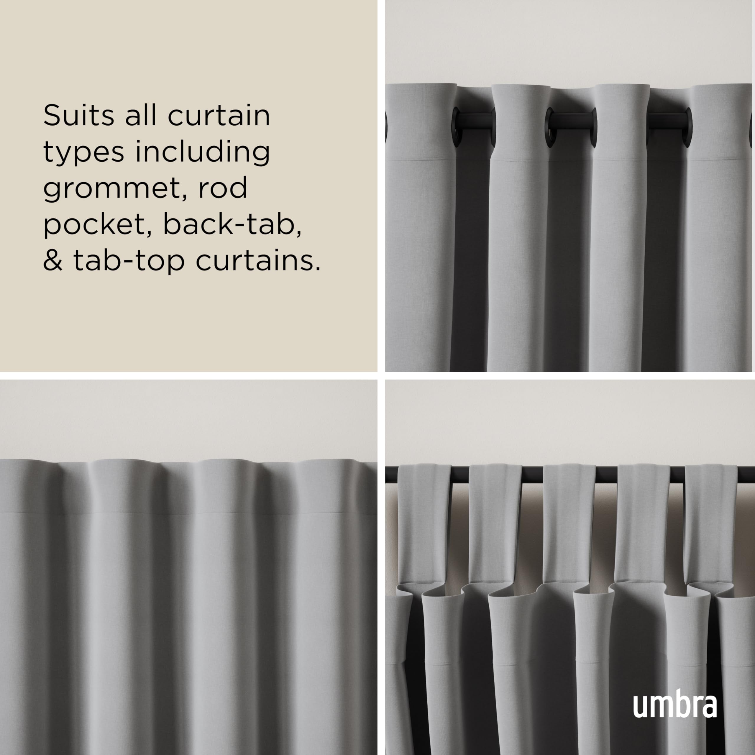 Umbra Twilight beside tape measure showing adjustable 66 to 144 inch range