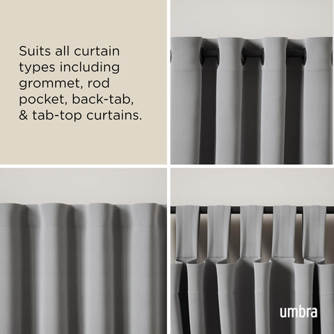 Umbra Twilight beside tape measure showing adjustable 66 to 144 inch range