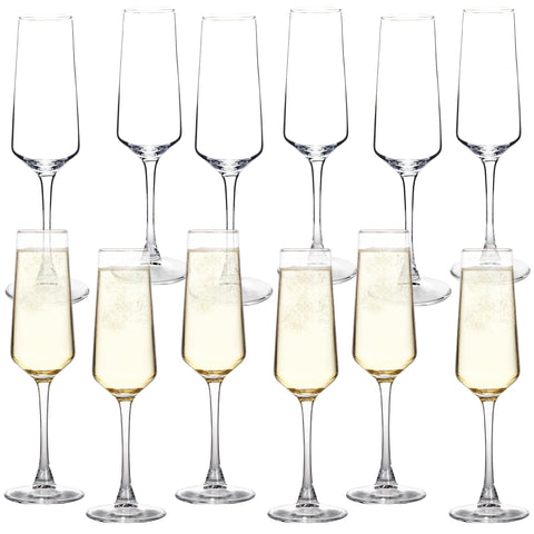 UMEIED front view of 12-glass set showing matching clear flutes and elegant presentation