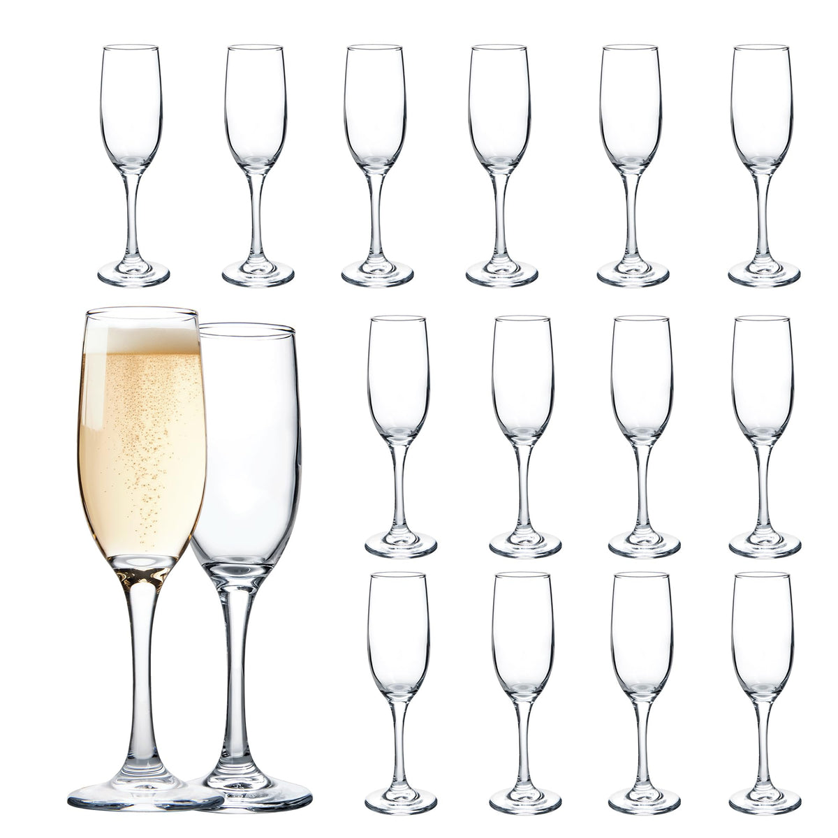 UMEIED front view of 16 champagne glasses showing elegant uniform set benefit